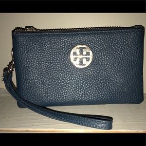 blue leather wristlet